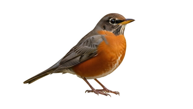 Isolated American Robin perched looking right in full body profile against bright backdrop