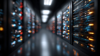 Futuristic server racks in a dark data center, visualizing big data, IoT, and digital traffic flow with glowing VFX for modern technology and information systems.
