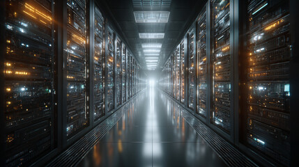 Futuristic server racks in a dark data center, visualizing big data, IoT, and digital traffic flow with glowing VFX for modern technology and information systems.