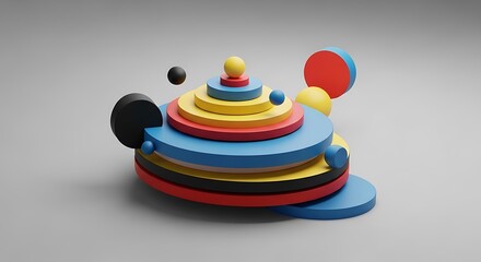 Vibrant 3D Abstract Geometric Composition with Layered Concentric Circles and Spheres on Gray Background