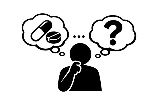 Person contemplating between medication options and uncertainty with a question mark