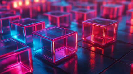 Iridescent neon cubes arranged in a modern abstract pattern, glowing with vibrant colors against a dark background, creating a futuristic, digital, and visually striking atmosphere.