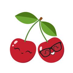 Smiling cherries with a green leaves, cute fun cartoon character, juicy cherry berry, happy face, big eyes, kawaii style, flat vector illustration on white background.