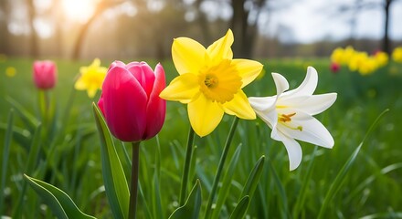 Fototapeta premium Close-up of vibrant spring flowers including a red tulip, yellow daffodil, and white lily in a green meadow with soft sunlight.