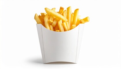 White container is filled with freshly cooked golden french fries.  Suitable for food packaging, fast food menus, restaurants. Freshly cooked golden french fries in a white container, appealing and ta