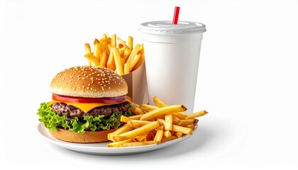 a burger soda and french fries against white background. Perfect for food advertisements, menus, and social media graphics ideal for showcasing fast food offerings in a modern setting.

