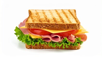 Sandwich filled with lettuce, ham, tomato, and cheese. Ideal for food blogs, restaurant menus, cooking websites, and social media posts.