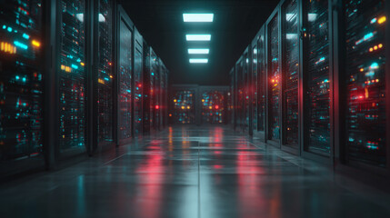 Futuristic server racks in a dark data center, visualizing big data, IoT, and digital traffic flow with glowing VFX for modern technology and information systems.