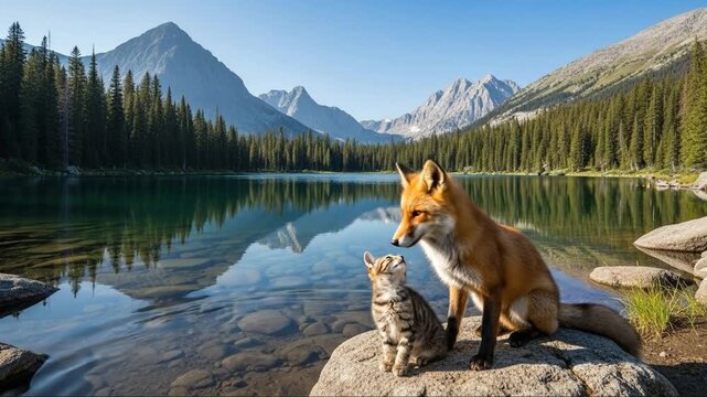 Fox and Kitten Friends by Serene Mountain Lake, Forest Reflection