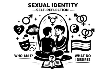 Person contemplating sexual identity and self-reflection in a mirror