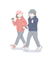 楽しそうにウォーキングする男性と女性のイラスト素材