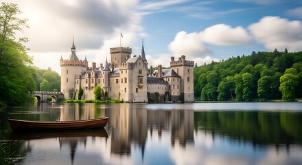 Obraz premium Majestic Castle Reflected in Serene Lake Surrounded by Lush Green Forest.
