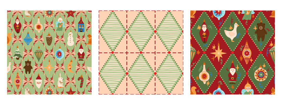 Vintage red green seamless pattern set strawberry polka dot print fabric wallpaper wrapping paper