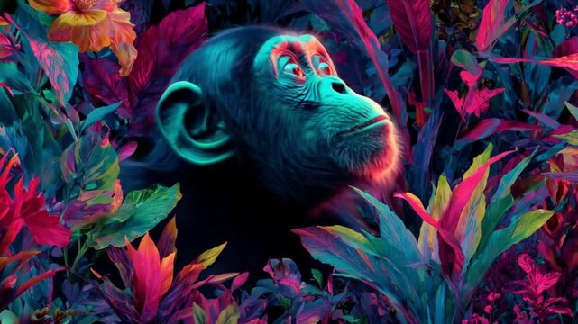 A curious chimp amid neon tropical foliage bathed in electric blue and magenta light. amid vivid flora