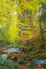 A digital illustration of vibrant mossy autumn foliage and flowing water at Wyming Brook in the Derbyshire, Peak District National Park.