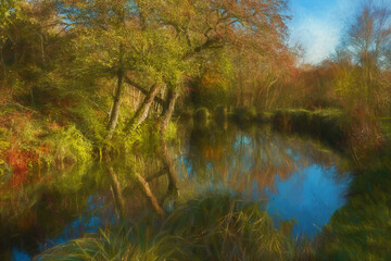 Digital oil painting capturing autumn tree and leaf colours along the Leek branch of the Caldon canal in Staffordshire.