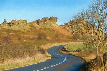 Ramshaw Rocks winter sunrise digital illustration in the Staffordshire Peak District National Park.