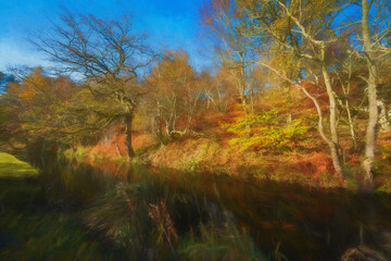 A digital illustration capturing autumn scenics along the Leek branch of the Caldon canal waterway.
