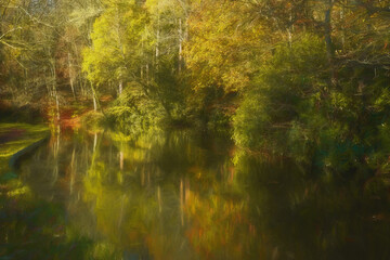 Digital oil painting capturing autumn tree and leaf colours along the Leek branch of the Caldon canal in Staffordshire.