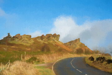 Ramshaw Rocks winter sunrise digital illustration in the Staffordshire Peak District National Park.