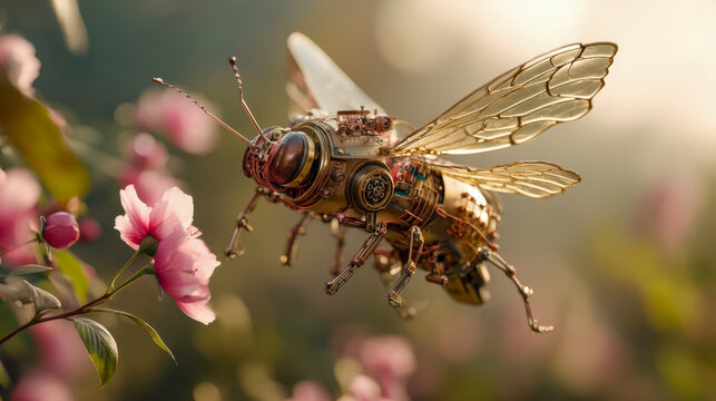 A futuristic mechanical insect hovering near a pink flower, a concept of bio-inspired robotics and natural technologies