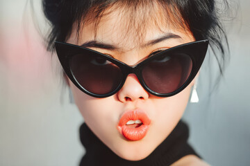 Young asian woman posing with cat eye sunglasses