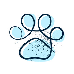 Dog paw print, continuous line drawing, ink splatters, hand drawn, stylish vector illustration.