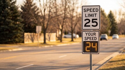 Speed feedback sign displays 24 mph in a residential neighborhood, promoting safe driving and awareness