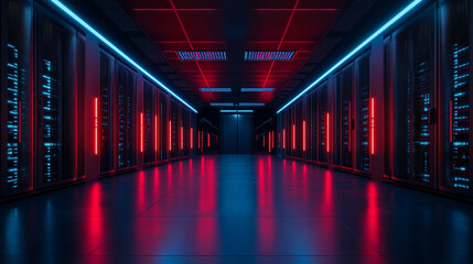 Futuristic server racks in a dark data center, visualizing big data, IoT, and digital traffic flow with glowing VFX for modern technology and information systems.