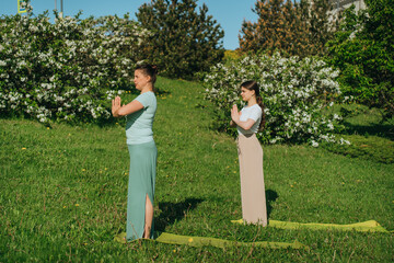 Two women practice yoga on a sunny day, standing calmly in a serene park setting surrounded by blooming trees and lush greenery.