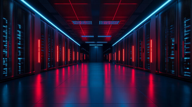 Futuristic server racks in a dark data center, visualizing big data, IoT, and digital traffic flow with glowing VFX for modern technology and information systems. - Powered by Adobe