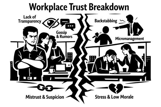 Illustration of workplace trust breakdown with causes like gossip and micromanagement