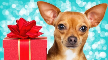 Valentine&rsquo;s Day with pet Concept. Cute dog with a gift box on a vibrant, sparkling background.