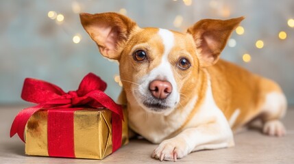 Valentine&rsquo;s Day with pet Concept. A dog with a gift box on a festive background.