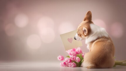 Valentine&rsquo;s Day with pet Concept. Adorable dog with flowers and a love letter on a soft background.