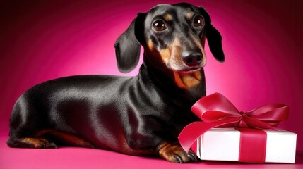 Valentine&rsquo;s Day with pet Concept. Dachshund with a gift on a pink background.