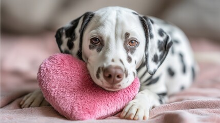 Valentine&rsquo;s Day with pet Concept. Playful Dalmatian puppy resting with a heart-shaped pillow.