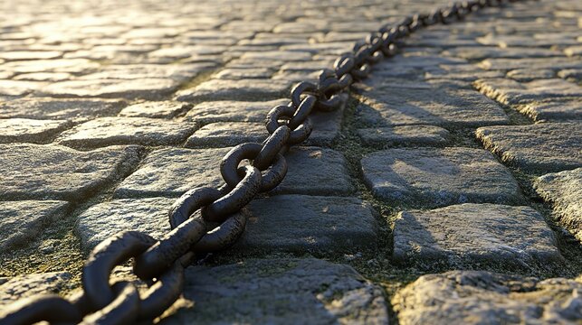 tennessine. Broken chain sculpture in a public square during morning light, symbolizing freedom. event programs, museum guides, designed for cultural heritage projects and event programs.