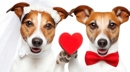 Valentine&rsquo;s Day with pet Concept. Two dogs dressed as bride and groom holding a heart symbol.