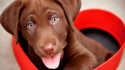 Valentine&rsquo;s Day with pet Concept. Cute puppy sitting in a red heart-shaped container, looking playful.