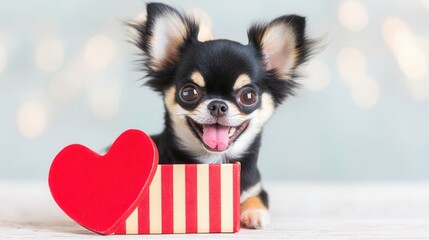 Valentine&rsquo;s Day with pet Concept. Cute Chihuahua with a heart box, expressing joy and affection.
