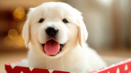 Valentine&rsquo;s Day with pet Concept. Cute golden retriever puppy smiling in a decorative box.
