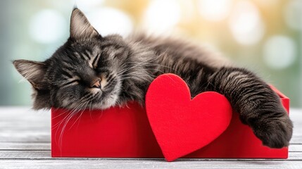 Valentine&rsquo;s Day with pet Concept. Sleeping cat with a heart-shaped decoration on a wooden surface.