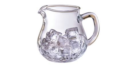 Clear crystal glass pitcher filled with sparkling ice cubes ready for chilling beverages on a dark background emphasizing clarity and refreshment for summer drinks concepts.