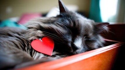 Valentine&rsquo;s Day with pet Concept. Sleeping cat with a heart tag resting in a cozy setting.