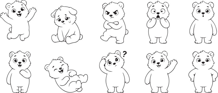 Cute cartoon bears in various poses and facial expressions illustrated on white background