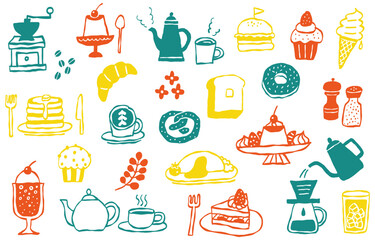 Colorful hand-drawn cafe menu and sweets illustration set