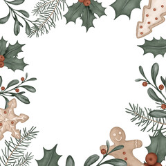 Fototapeta premium Square frame watercolor illustration with pine branches, for tree, bow. Postcard for holly and red berries and sweet cookie gingerbread. Hand drawn new year illustration .