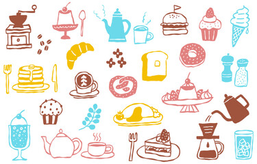 Pop color hand-drawn cafe menu and sweets illustration set