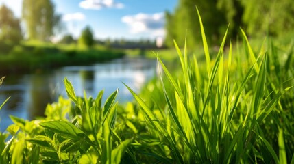 Obraz premium Lush Green Grasses by Tranquil River Under a Bright Sky in Nature's Scenic Landscape